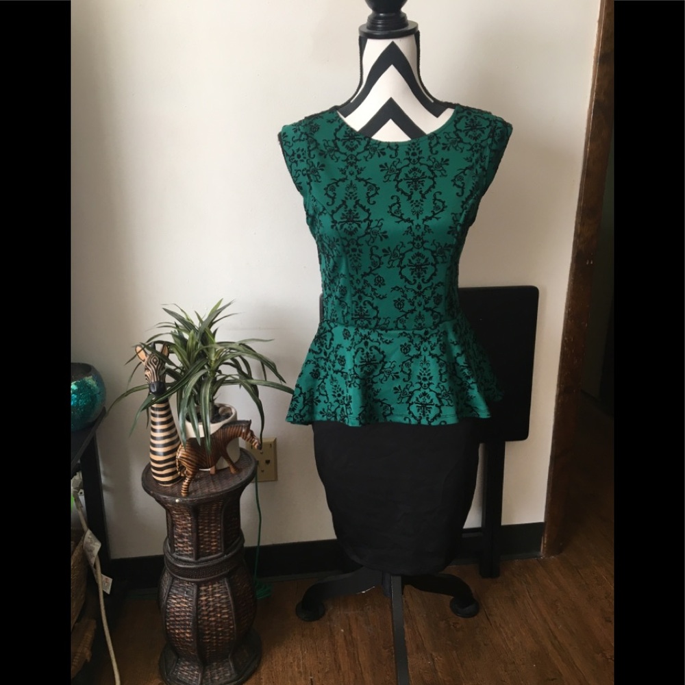 Emerald Green & Black Peplum Dress Size Large By Iris Perfect For Fall